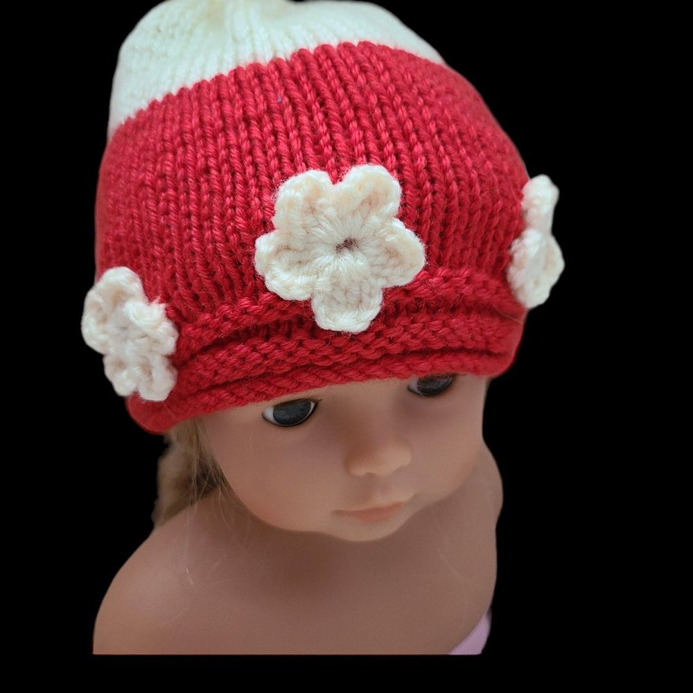 Baby Girl Knit Beanie Hat Handmade Red Creme Flower Acrylic Size 3-4 Months